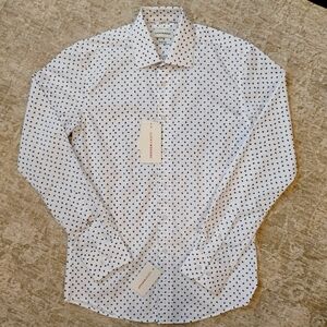 NWT S 14 / 14.5 32/33 Lucky Brand White Ground Blue Flipper Print Dress Shirt